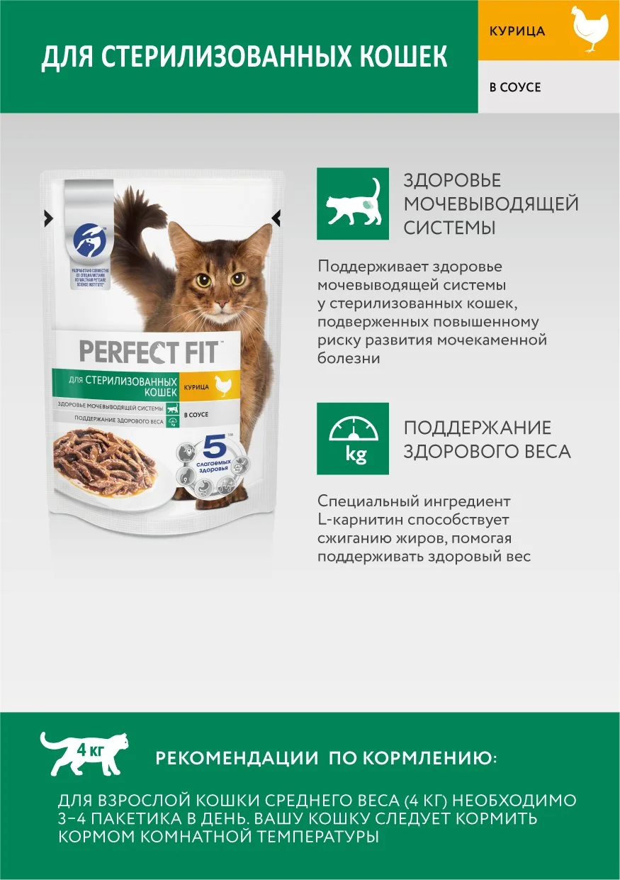 Влажный корм PERFECT FIT™ для стерилизованных кошек, с курицей в соусе, 28 шт по 75г