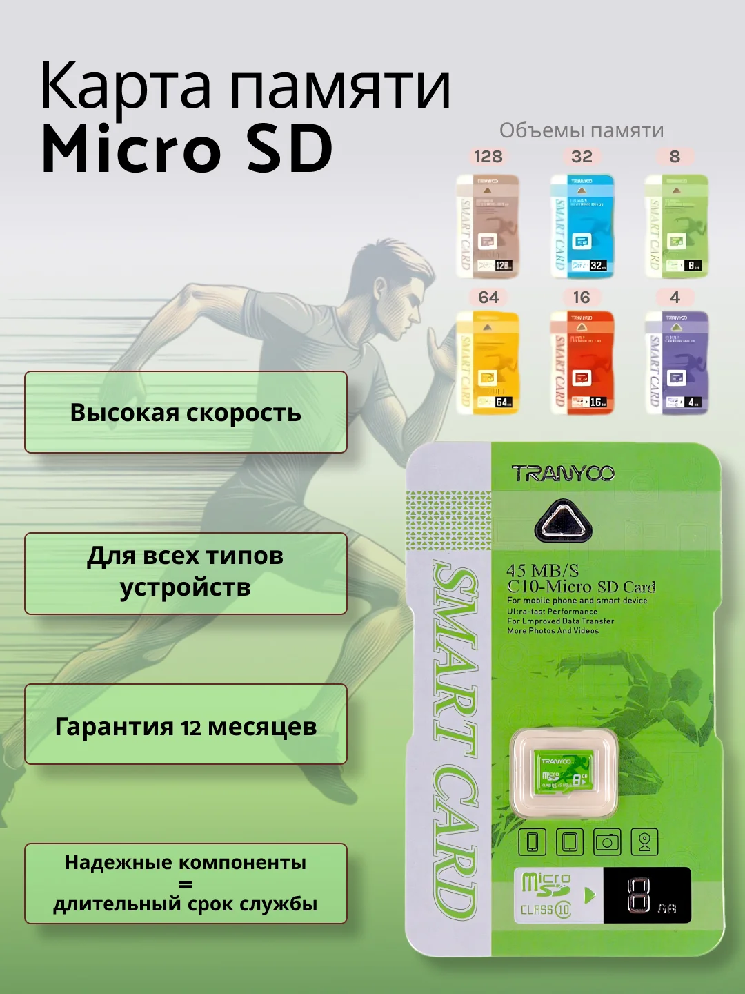 Карта памяти Tranyoo microSD 4/8/16/32/64/128GB, Class10 micro SD, микро сд флешка