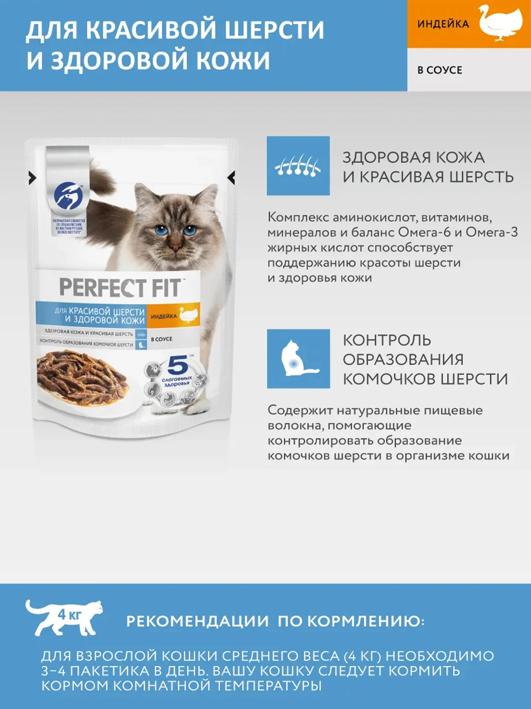 Влажный корм PERFECT FIT для кошек красивая шерсть и здоровая кожа, с индейкой 28шт по 75г