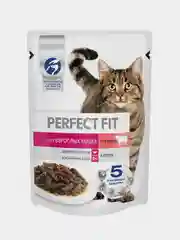Влажный корм PERFECT FIT™ для взрослых кошек, с говядиной в соусе, 28 шт по 75г
