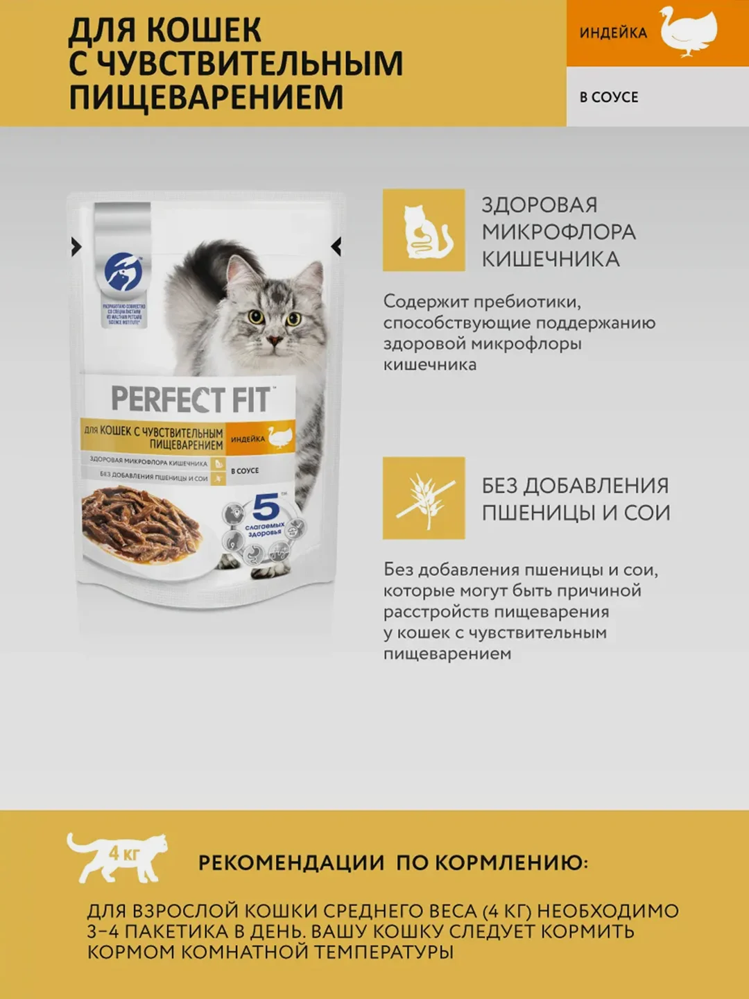 Влажный корм PERFECT FIT™ для кошек с чувствительным пищеварением индейка в соусе 28 х 75г