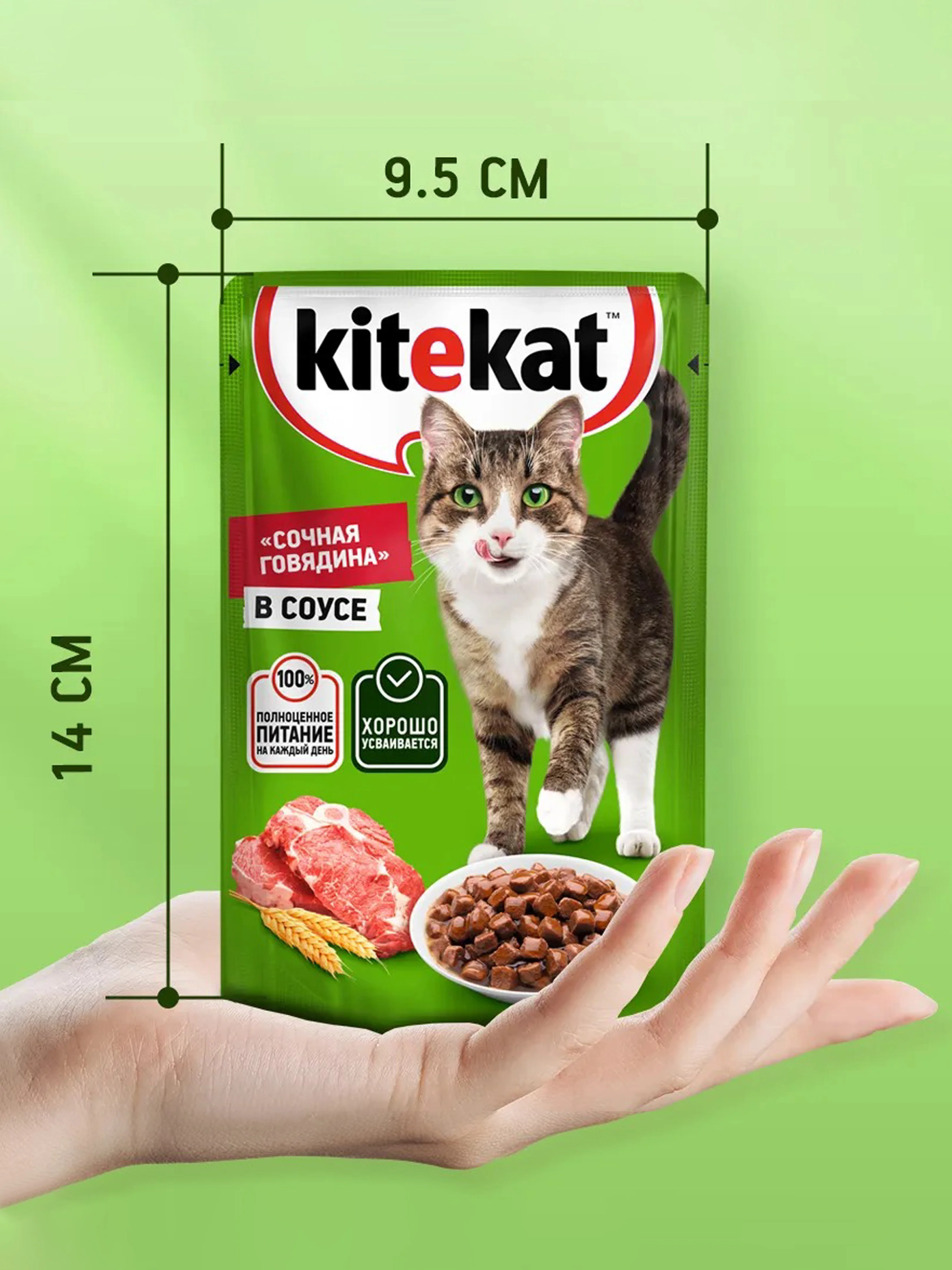 Влажный корм KITEKAT™ для кошек со вкусом говядины в соусе «Сочная говядина», 28 шт по 85г