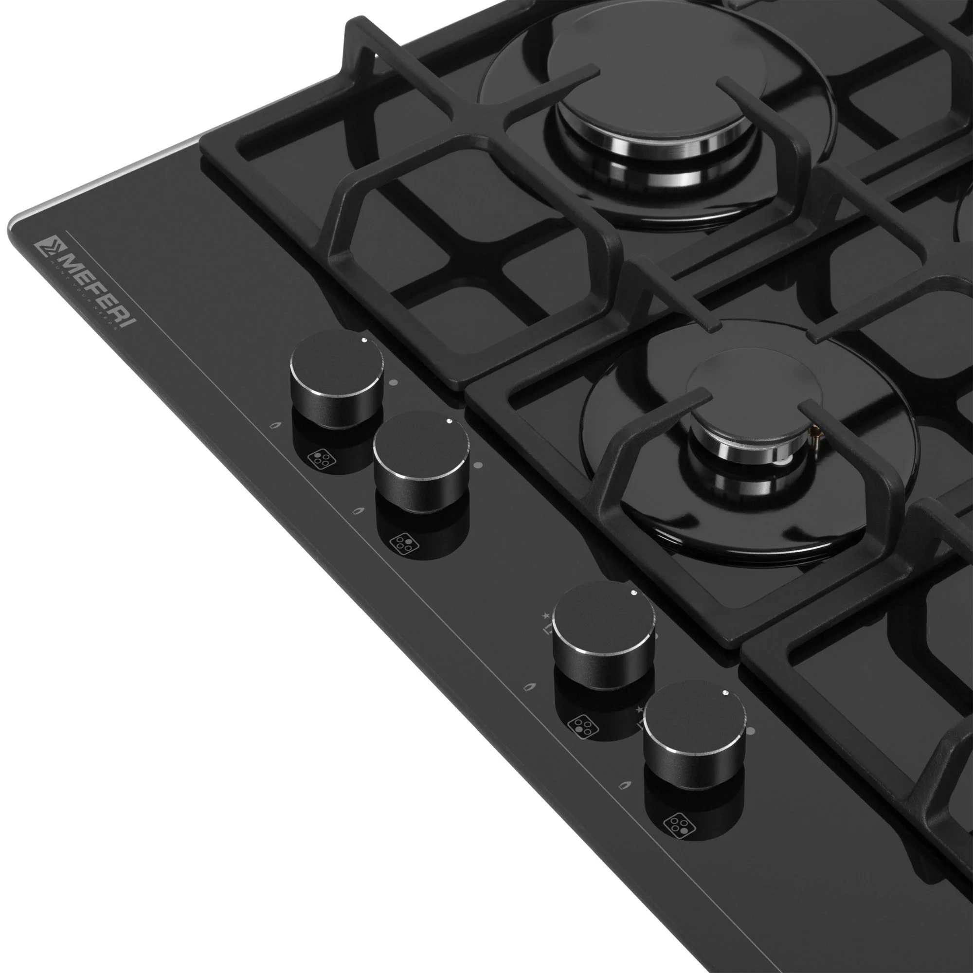 Черный газовая варочная панель MEFERI MGH604BK GLASS ULTRA, закаленное стекло, 4 конфорки, 60 см