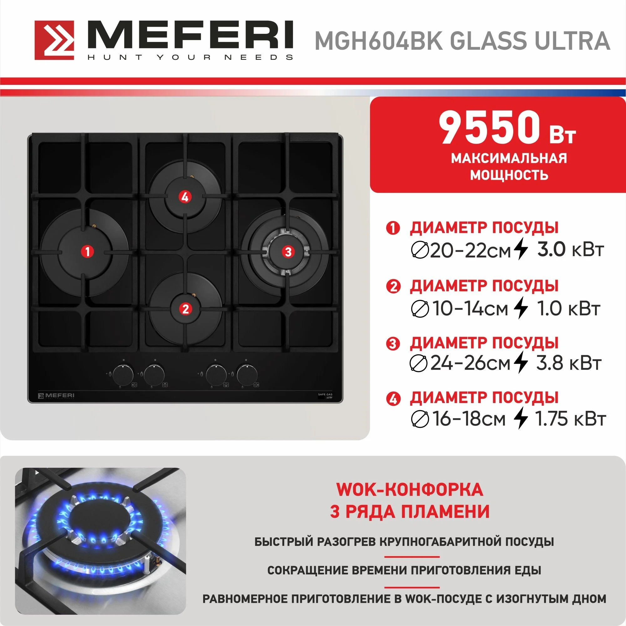 Черный газовая варочная панель MEFERI MGH604BK GLASS ULTRA, закаленное стекло, 4 конфорки, 60 см