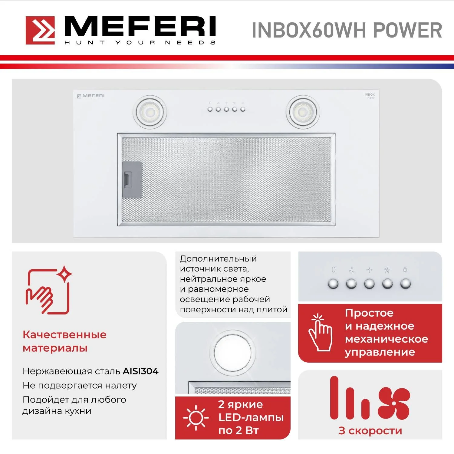 Белый вытяжка для кухни MEFERI INBOX60WH POWER, 60 см, белый, отвод, циркуляция