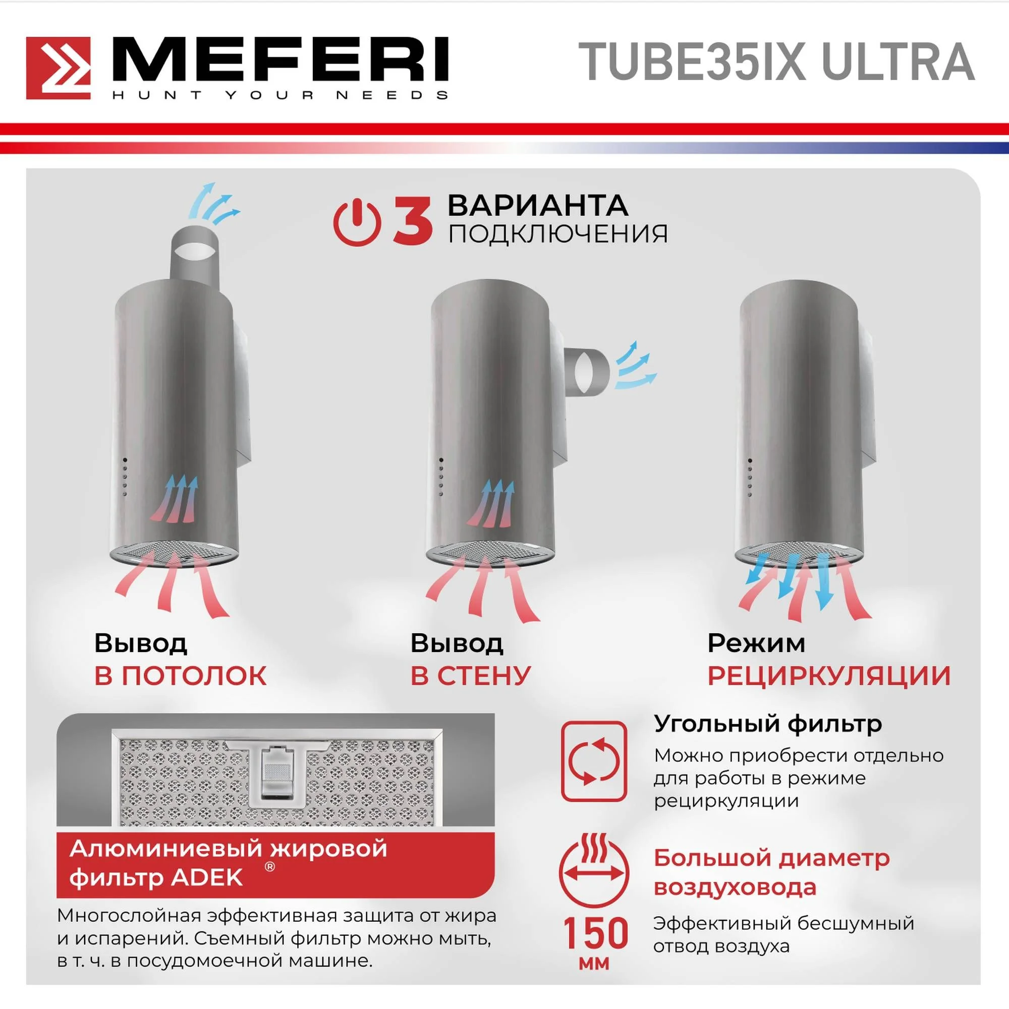Серебряный цилиндрическая пристенная вытяжка MEFERI TUBE35IX ULTRA, серебристый