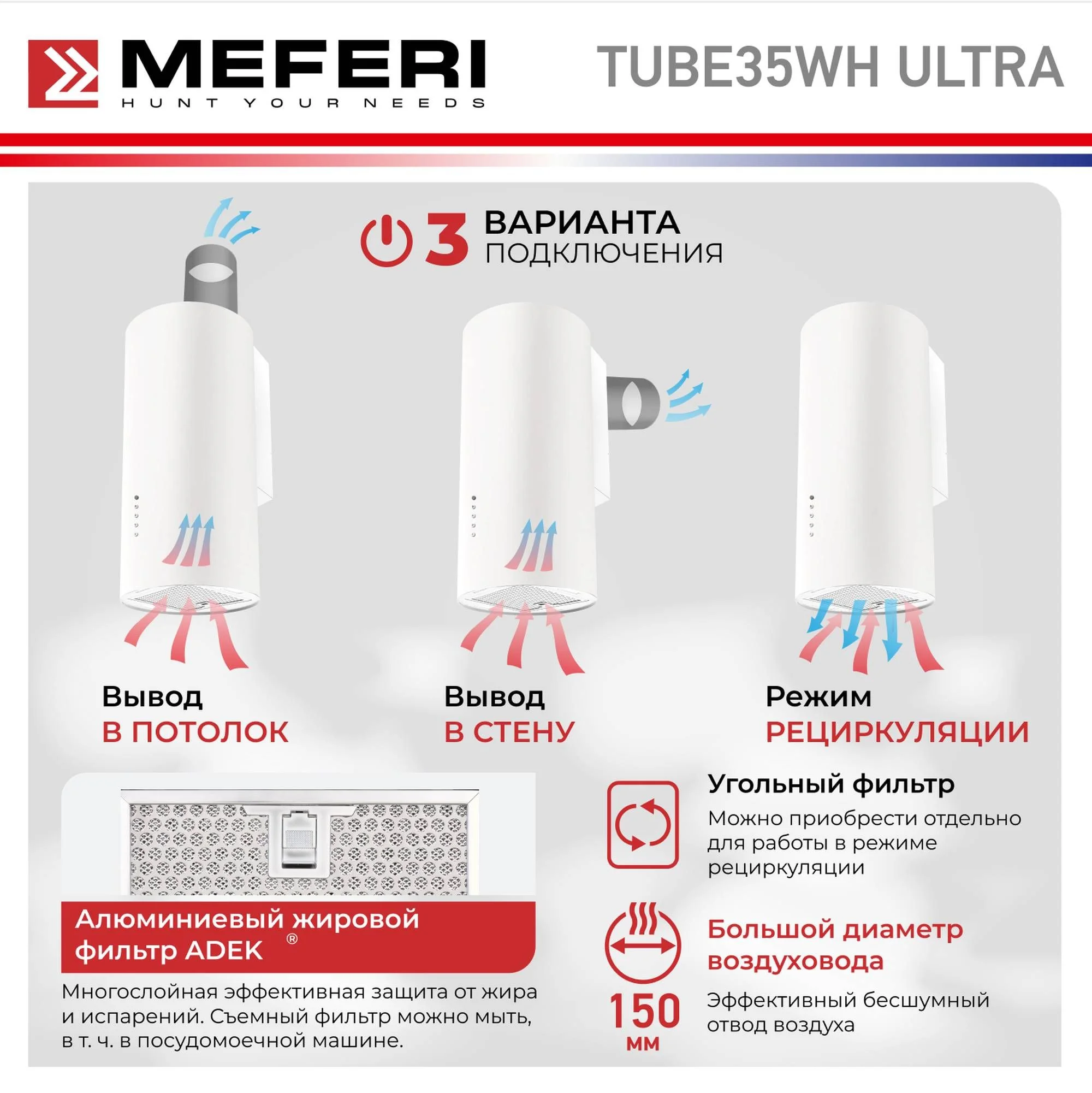 Белый цилиндрическая пристенная вытяжка MEFERI TUBE35WH ULTRA, белый
