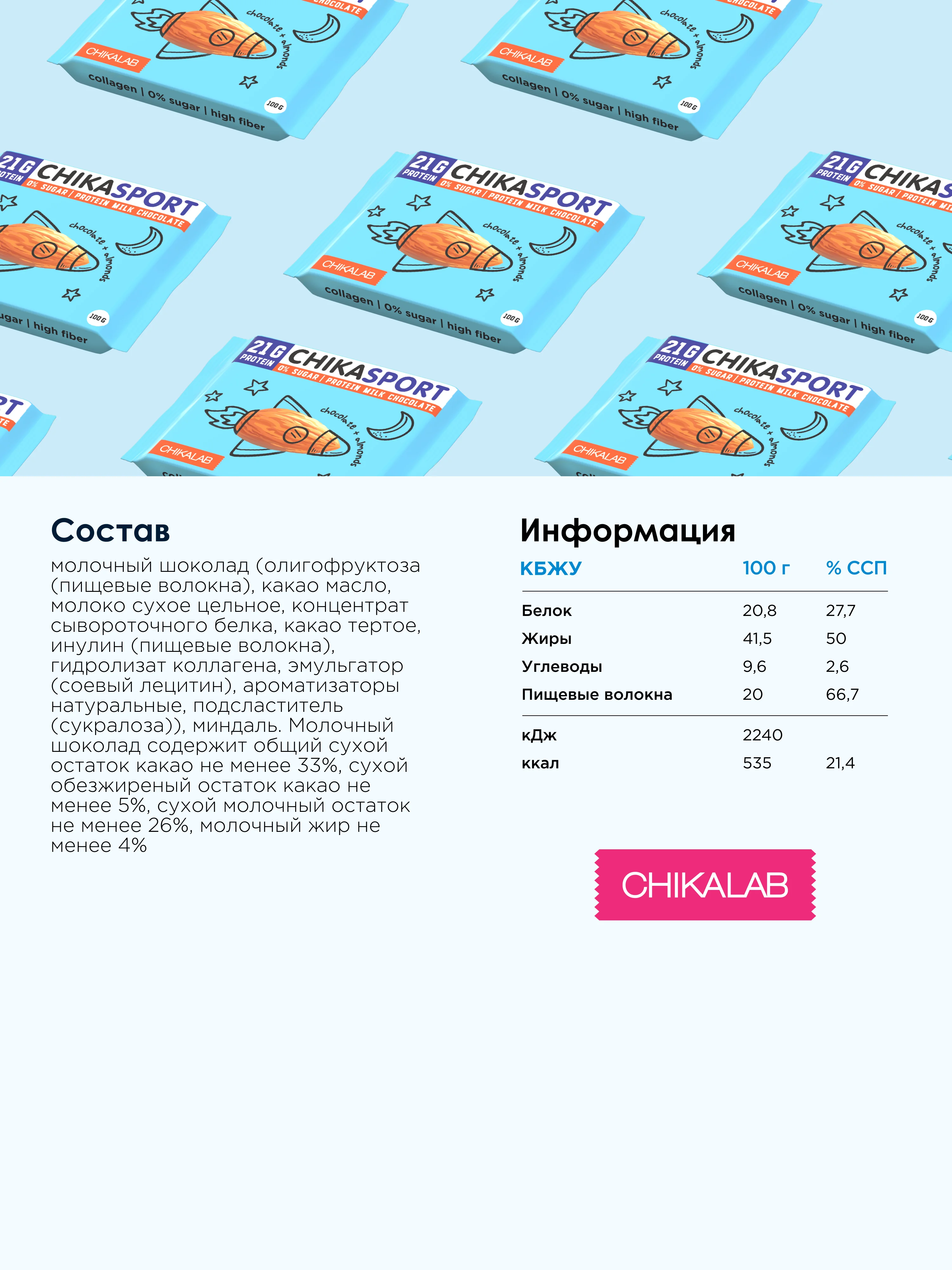 Протеиновый шоколад CHIKALAB молочный с миндалем, 100 гр