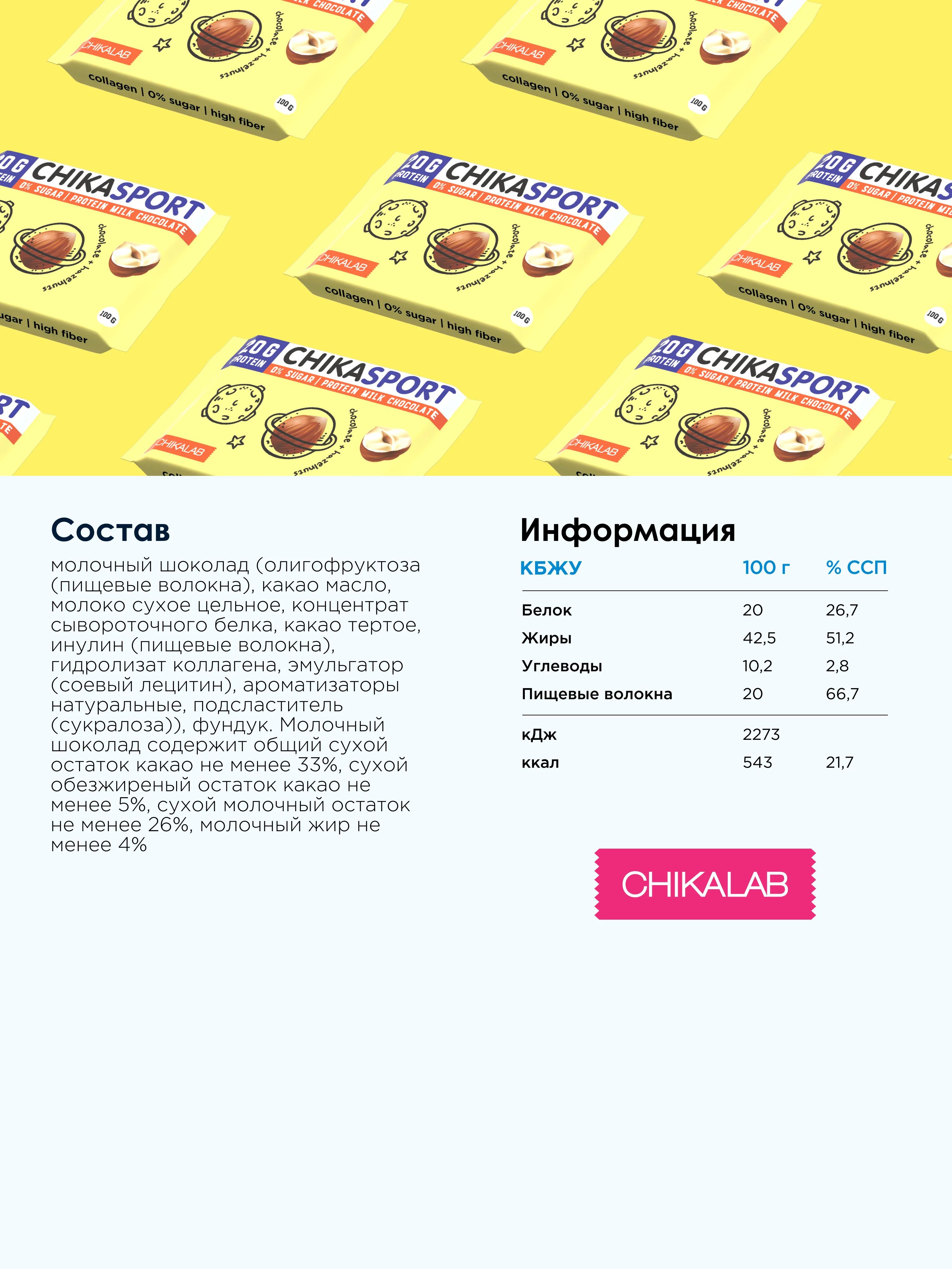 Протеиновый шоколад CHIKALAB молочный с фундуком, 100 гр