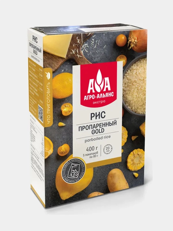 Рис Агро-Альянс "Пропаренный GOLD", 5 пакетиков по 80 г
