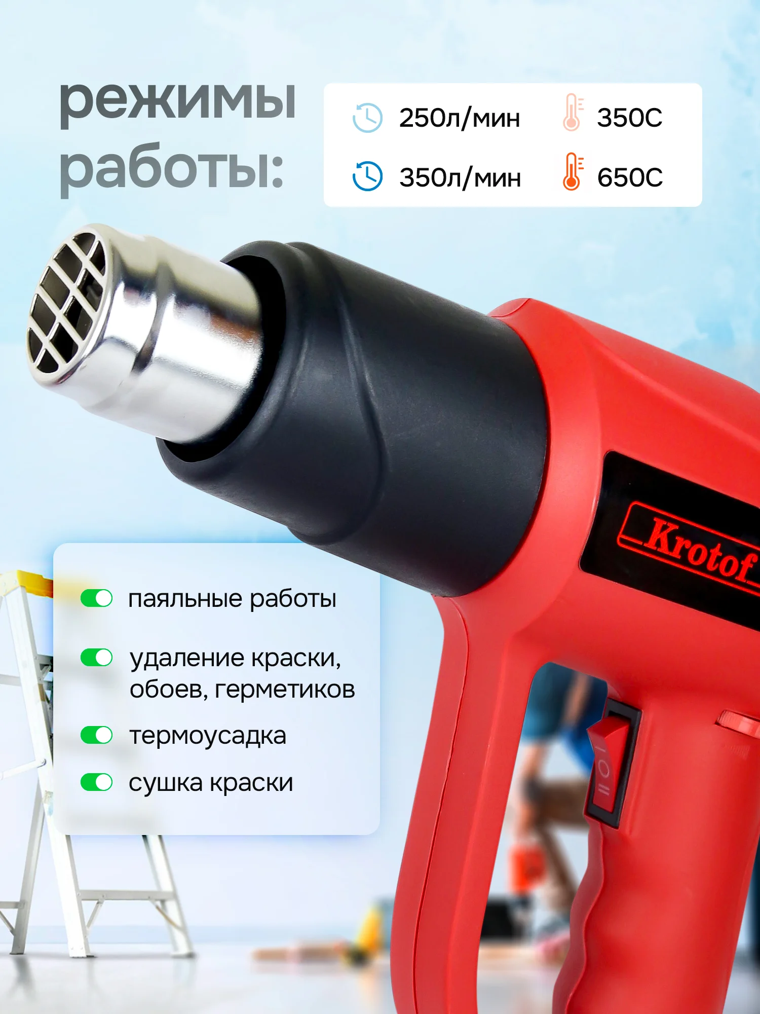 Алый фен строительный электрический Krotof HAG-6618, 2000 Вт, дисплей температуры
