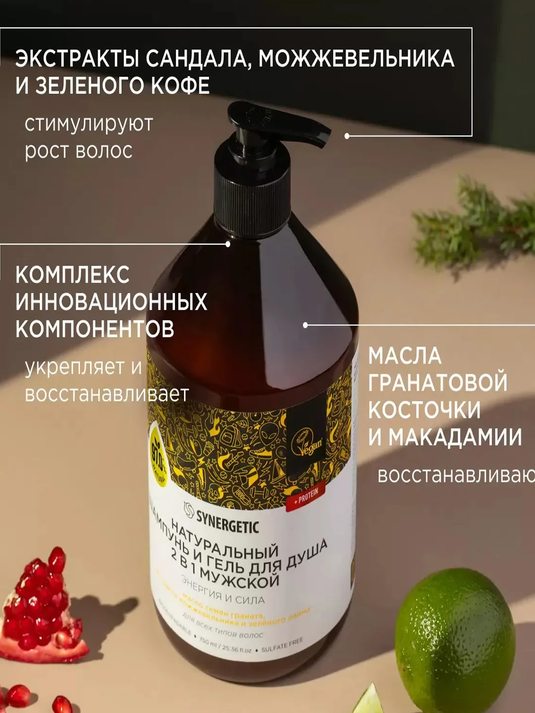 Шампунь и гель для душа 2 в 1 SYNERGETIC для мужчин "Энергия и сила", бессульфатный, 750мл
