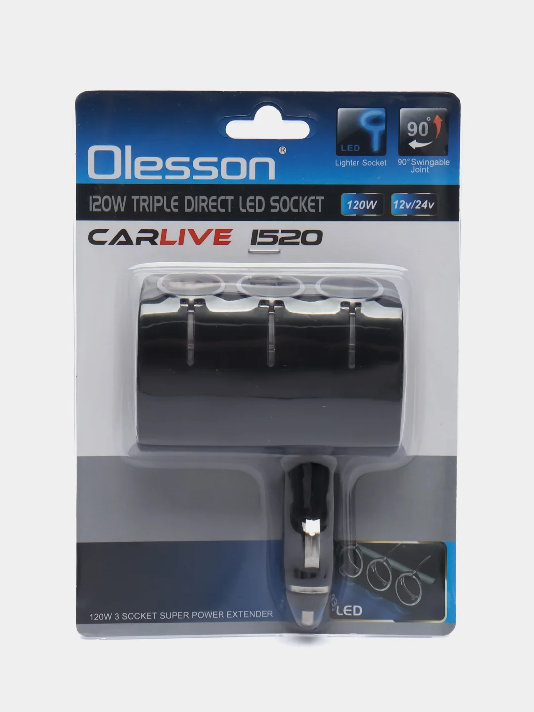 Разветвитель прикуривателя авто OLESSON 1520, 3 гнезда, 120W с подсветкой