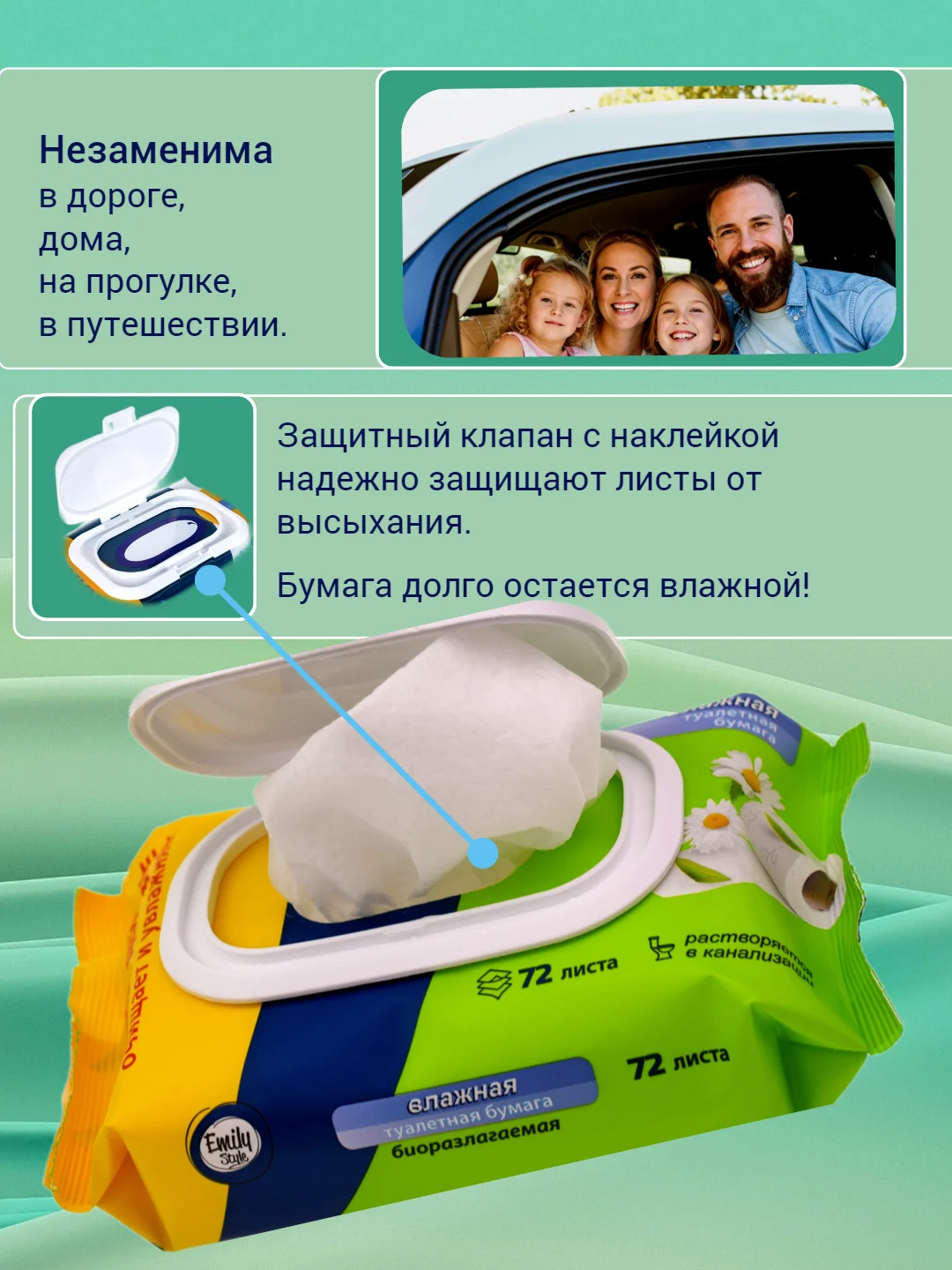 Биоразлагаемая влажная туалетная бумага "EMILY STYLE" смываемая 72-288шт