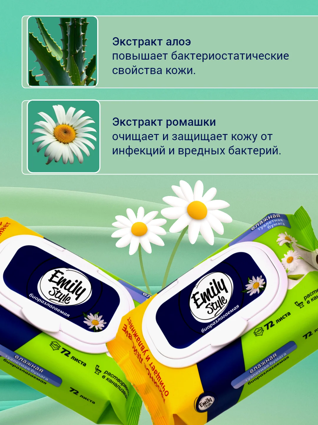 Биоразлагаемая влажная туалетная бумага "EMILY STYLE" смываемая 72-288шт