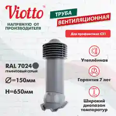Серый труба вентиляционная Viotto, для профнастила С21, d-150мм, утепленная
