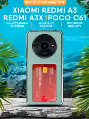 Ледяной чехол Xiaomi Redmi A3 / Redmi A3X / Poco C61 силиконовый, чёрный, прозрачный с кармашком