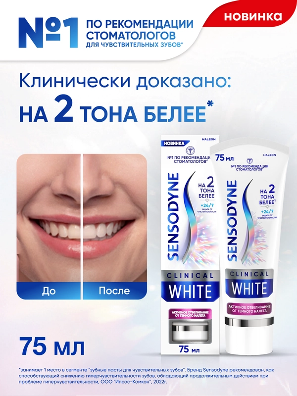 Зубная паста Sensodyne Clinical White Активное Отбеливание от темного налета, 75 мл