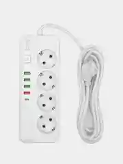Белый удлинитель сетевой 3 метра, 4 розетки, 4 USB и 1 Type-C портами и кнопкой