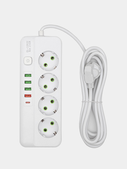 Удлинитель сетевой 3 метра, 4 розетки, 4 USB и 1 Type-C портами и кнопкой