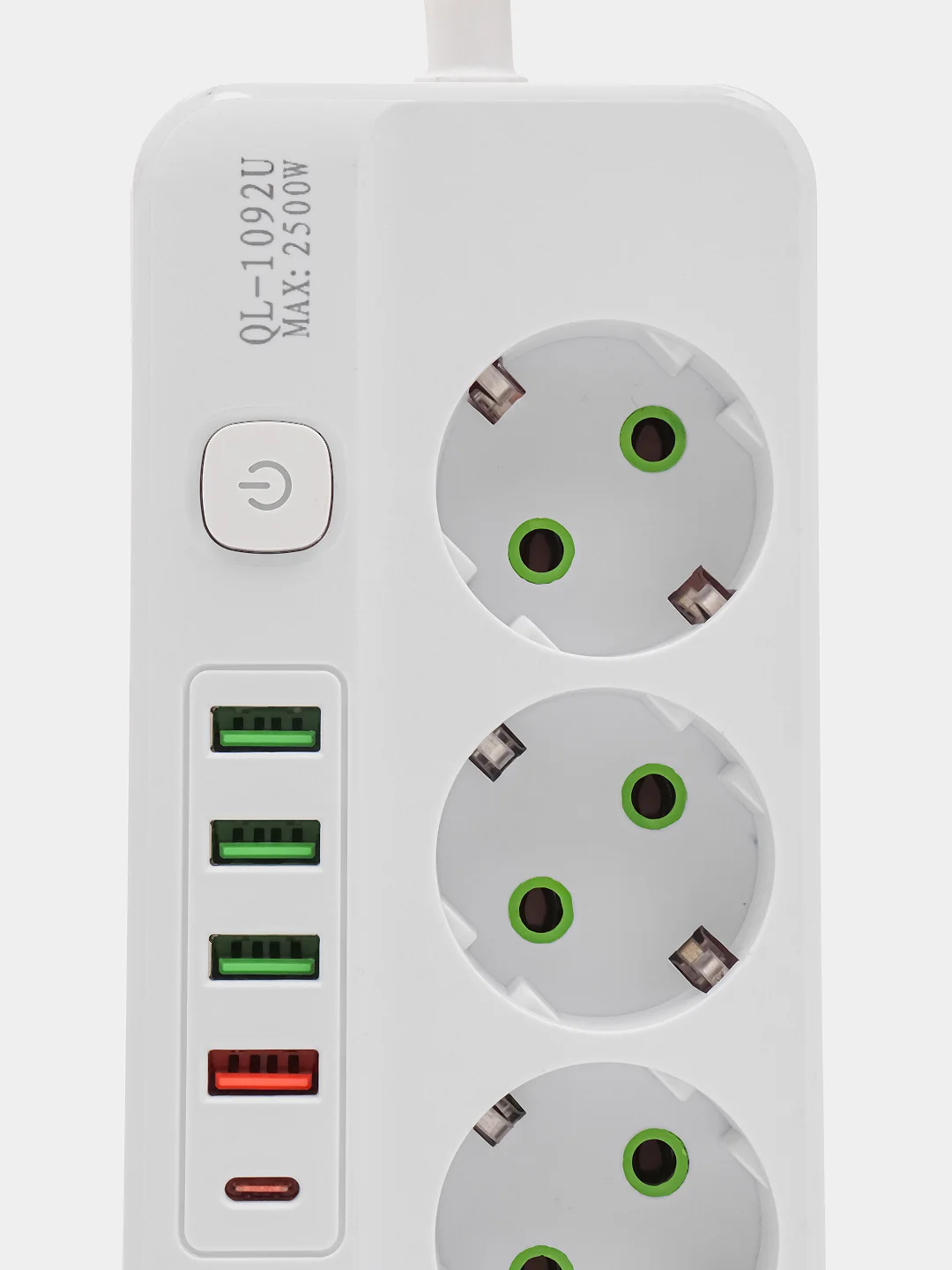Белый удлинитель сетевой 3 метра, 4 розетки, 4 USB и 1 Type-C портами и кнопкой