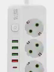 Белый удлинитель сетевой 3 метра, 4 розетки, 4 USB и 1 Type-C портами и кнопкой