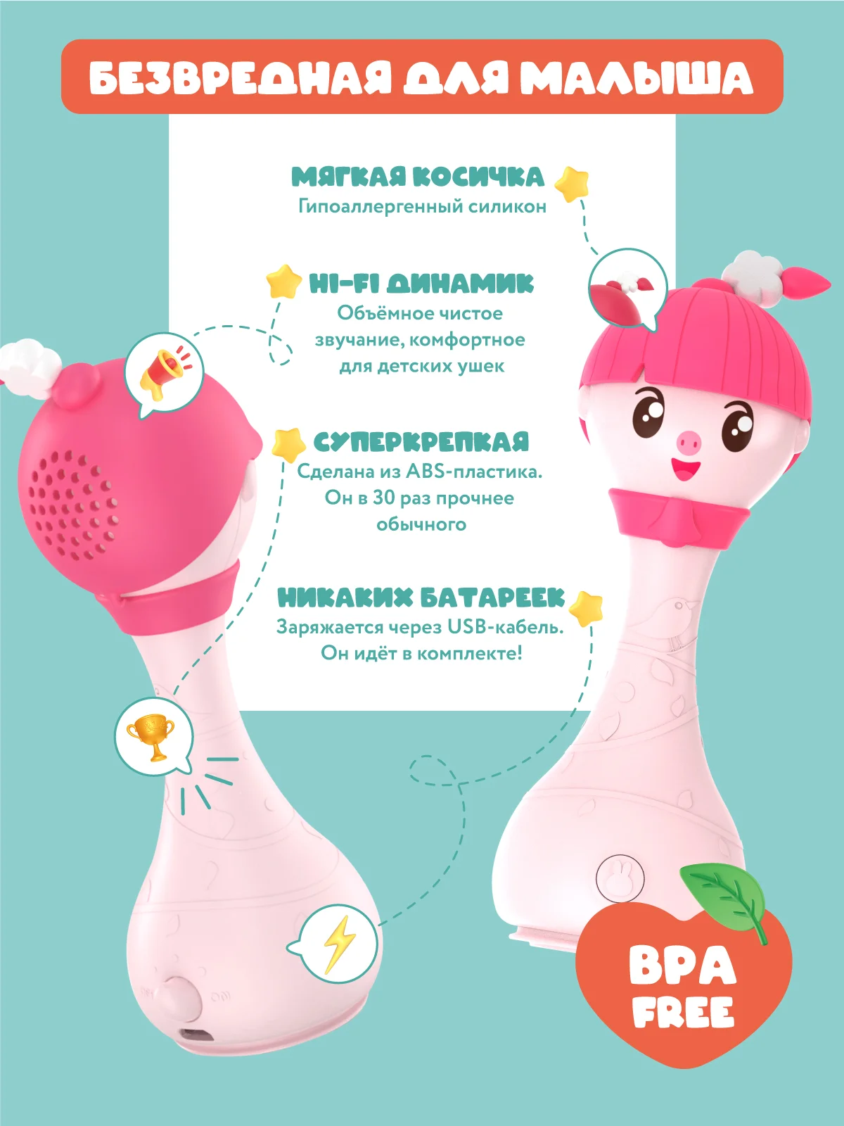 Розовый интерактивная музыкальная игрушка Малышарик Нюшенька alilo R1