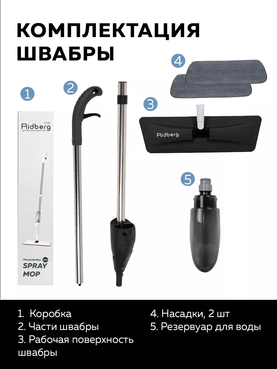 Швабра с распылителем Ridberg Spray Mop для мытья полов, 2 сменные насадки из микрофибры