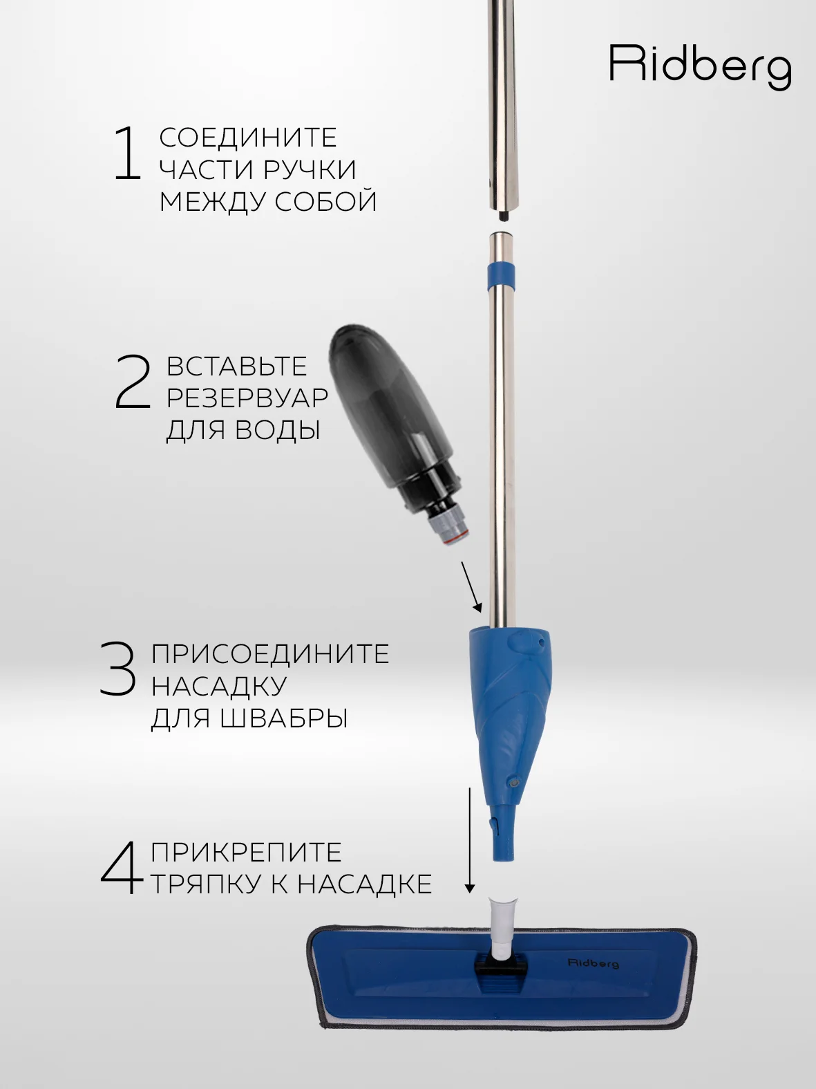 Швабра с распылителем Ridberg Spray Mop для мытья полов, 2 сменные насадки из микрофибры