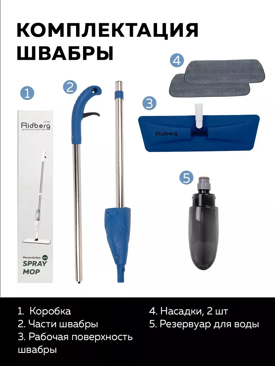 Швабра с распылителем Ridberg Spray Mop для мытья полов, 2 сменные насадки из микрофибры