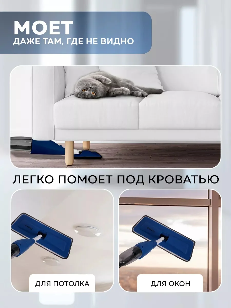 Швабра с распылителем Ridberg Spray Mop для мытья полов, 2 сменные насадки из микрофибры