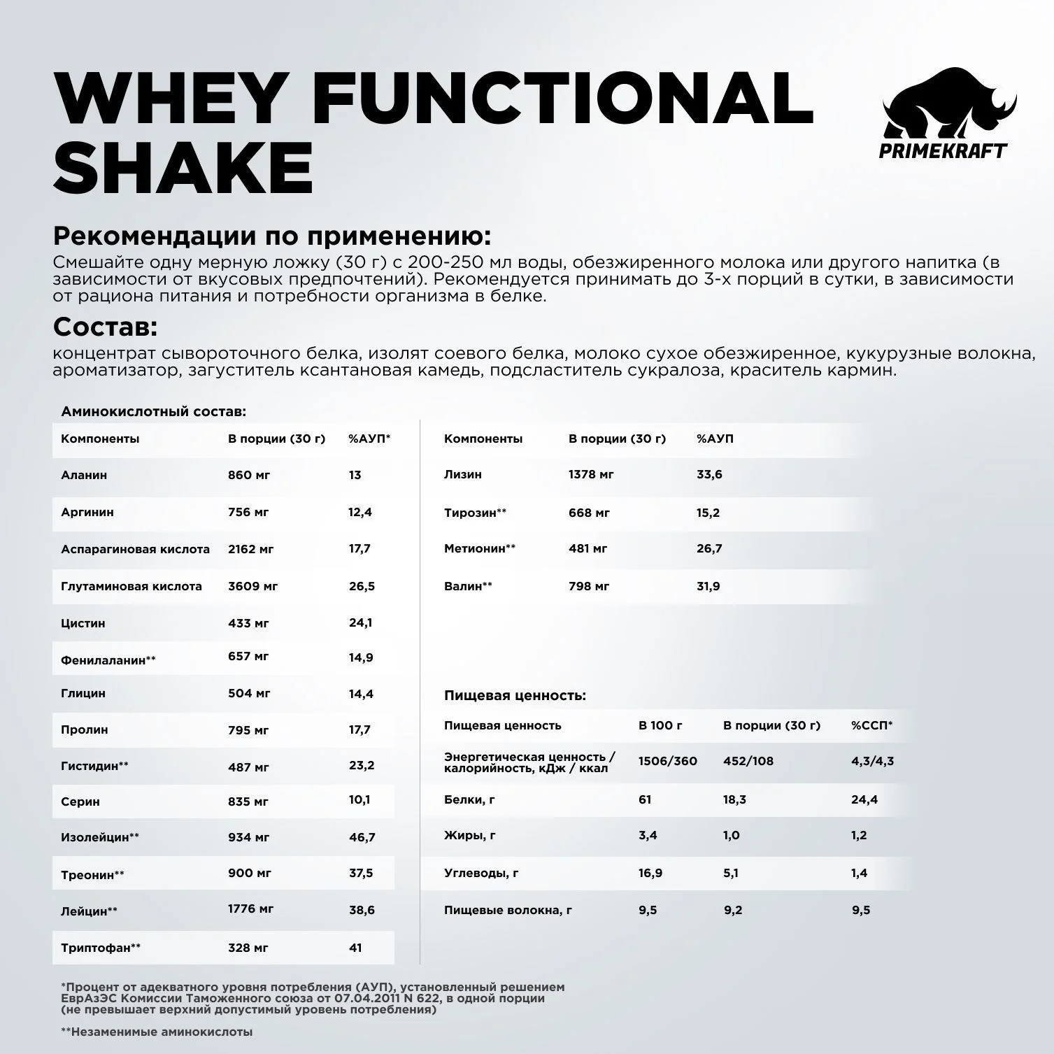 Протеин сывороточный PRIMEKRAFT Whey Functional Shake Ваниль, 900 гр - 30 порций