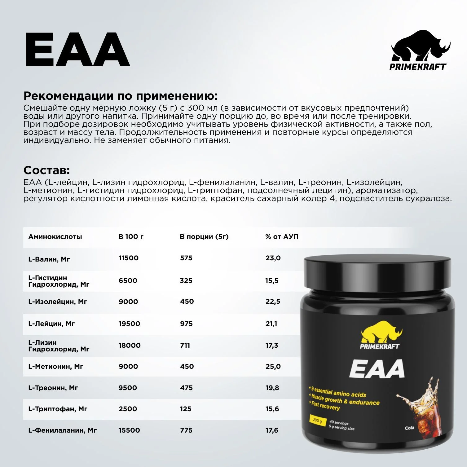 Аминокислоты PRIMEKRAFT ЕАА, 200 г, 40 порций