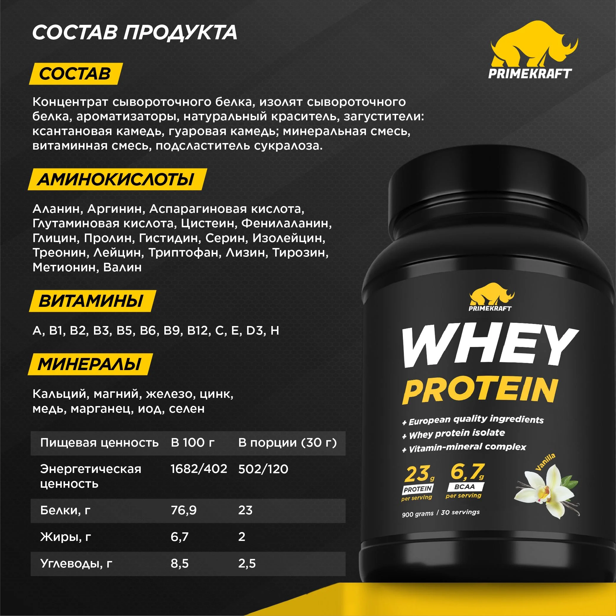 Протеин сывороточный PRIMEKRAFT Whey Protein, 900 г, 30 порций