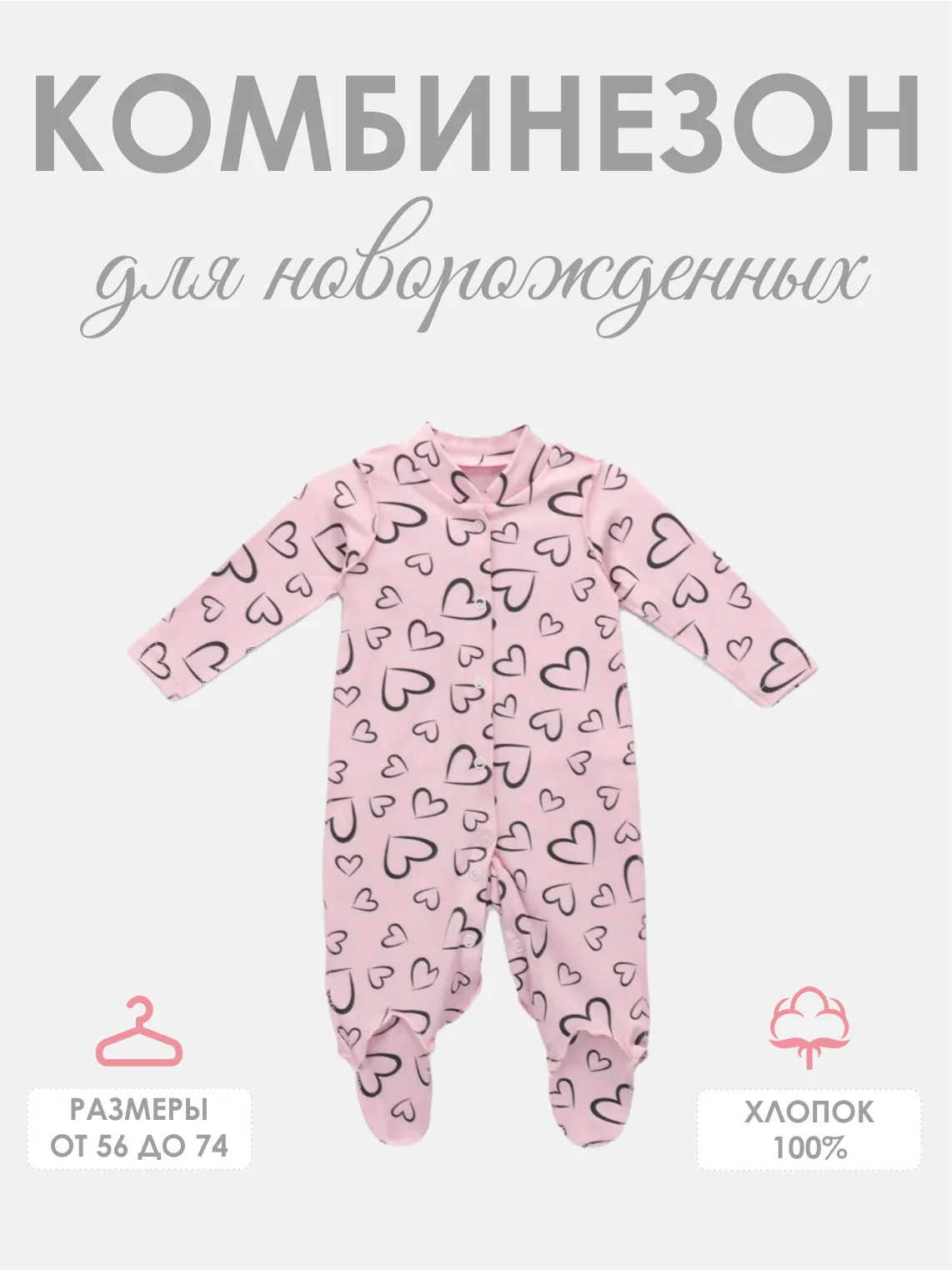 Розовый комбинезон слип для новорожденных, с сердечным принтом