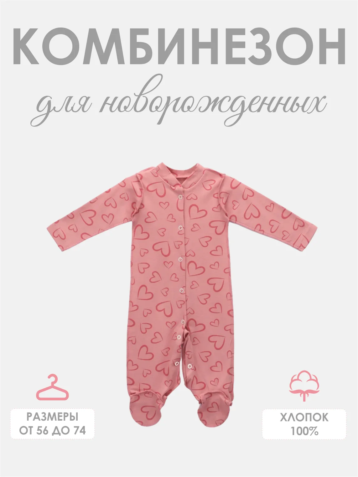 Кораллово-розовый комбинезон слип для новорожденных, с сердечным принтом