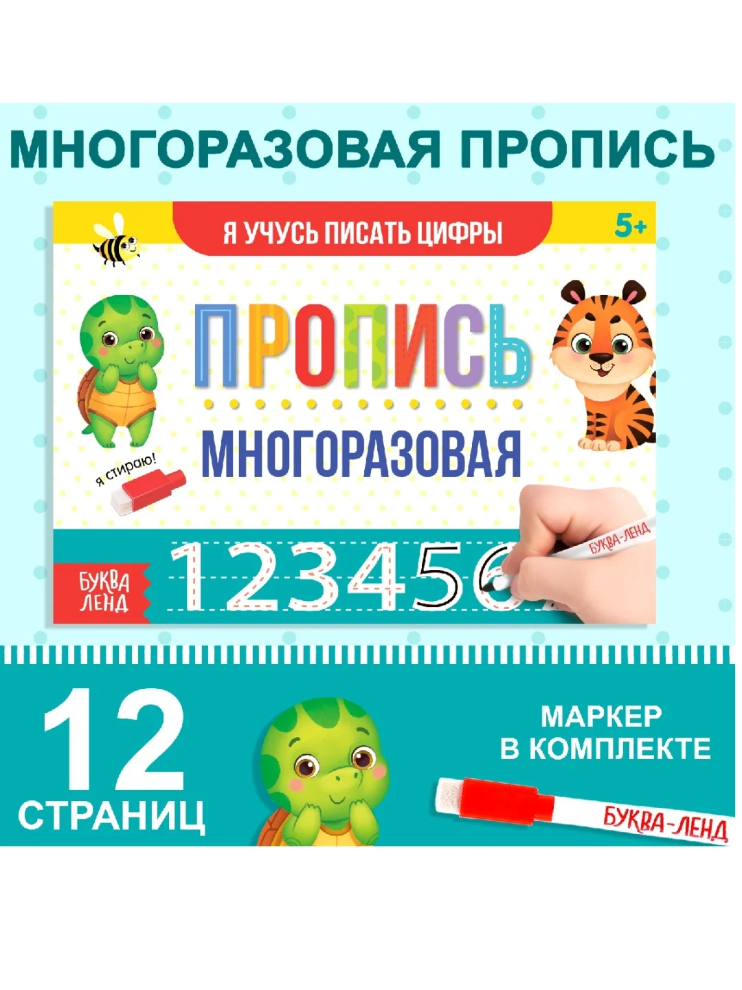 Бирюзовый многоразовая пропись Пиши-стирай. 12 стр., с маркером