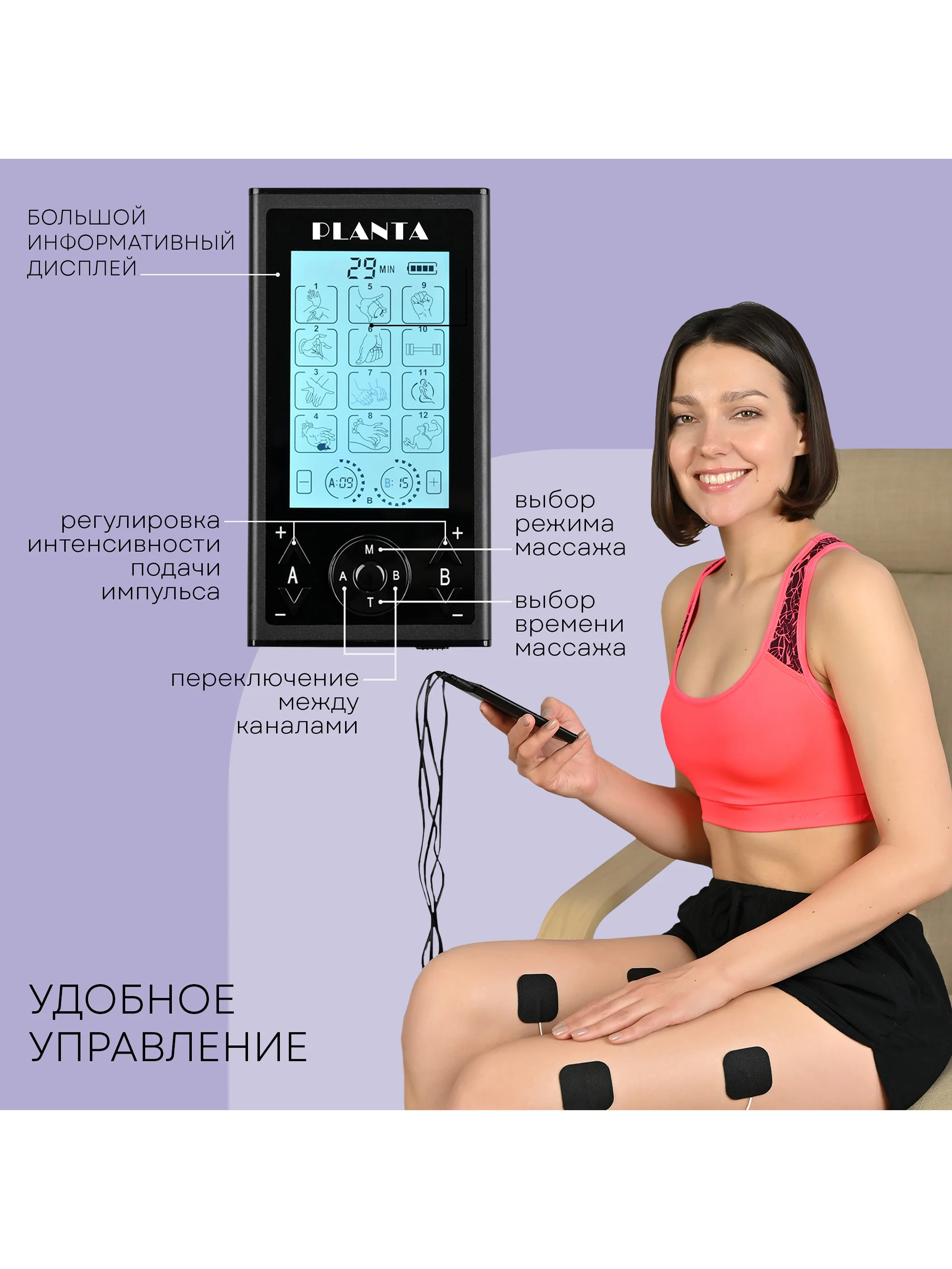 Массажер для тела миостимулятор PLANTA EMS-350, 4 канала, 8 электродов, 12 режимов