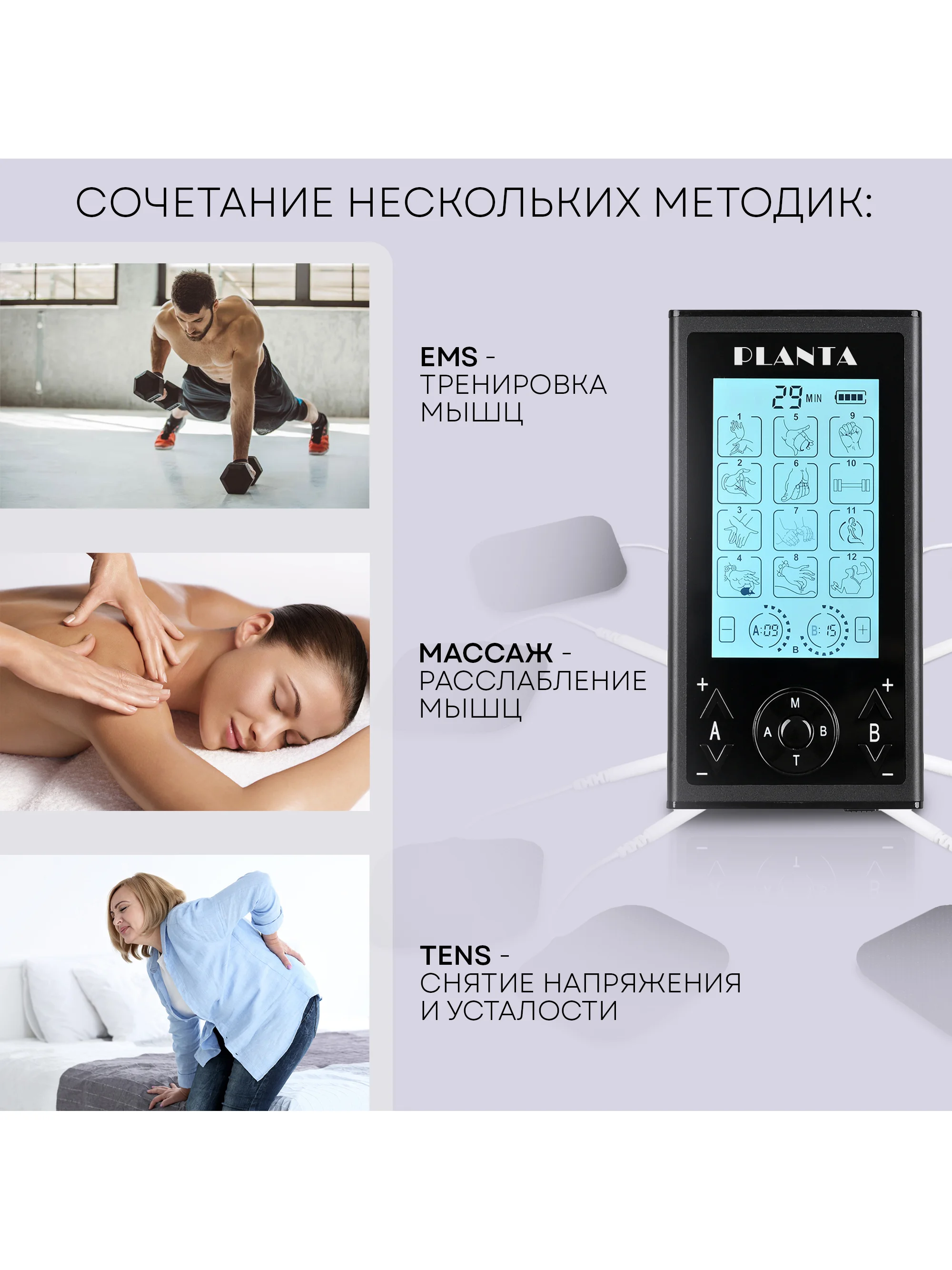 Массажер для тела миостимулятор PLANTA EMS-350, 4 канала, 8 электродов, 12 режимов