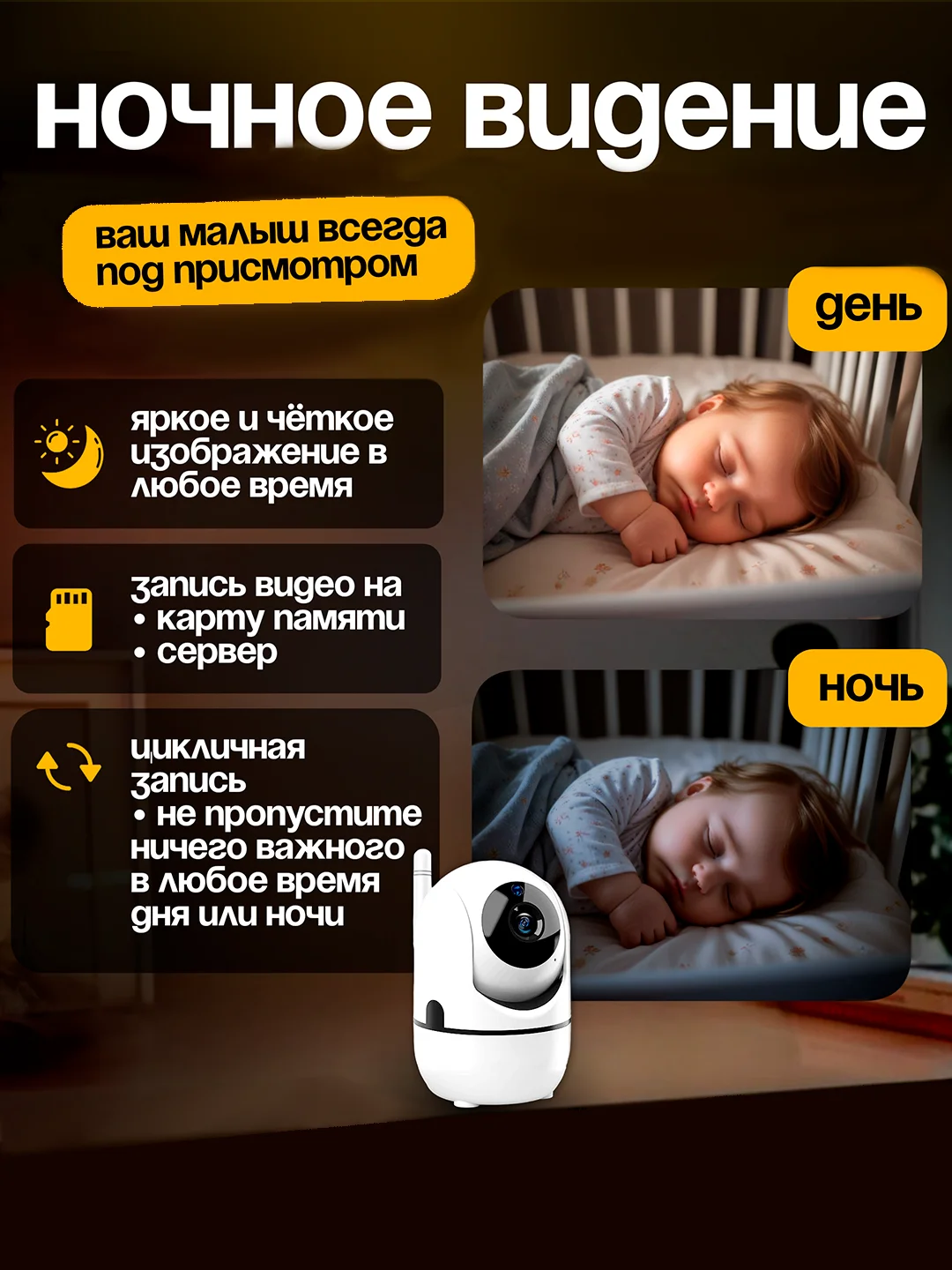 Белый видеоняня беспроводная, WiFi камера видеонаблюдения для дома и квартиры, поворотная