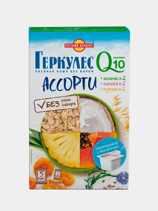 Овсяная каша РУССКИЙ ПРОДУКТ Геркулес Q10 Ассорти, ананас, курага, папайя, 210г