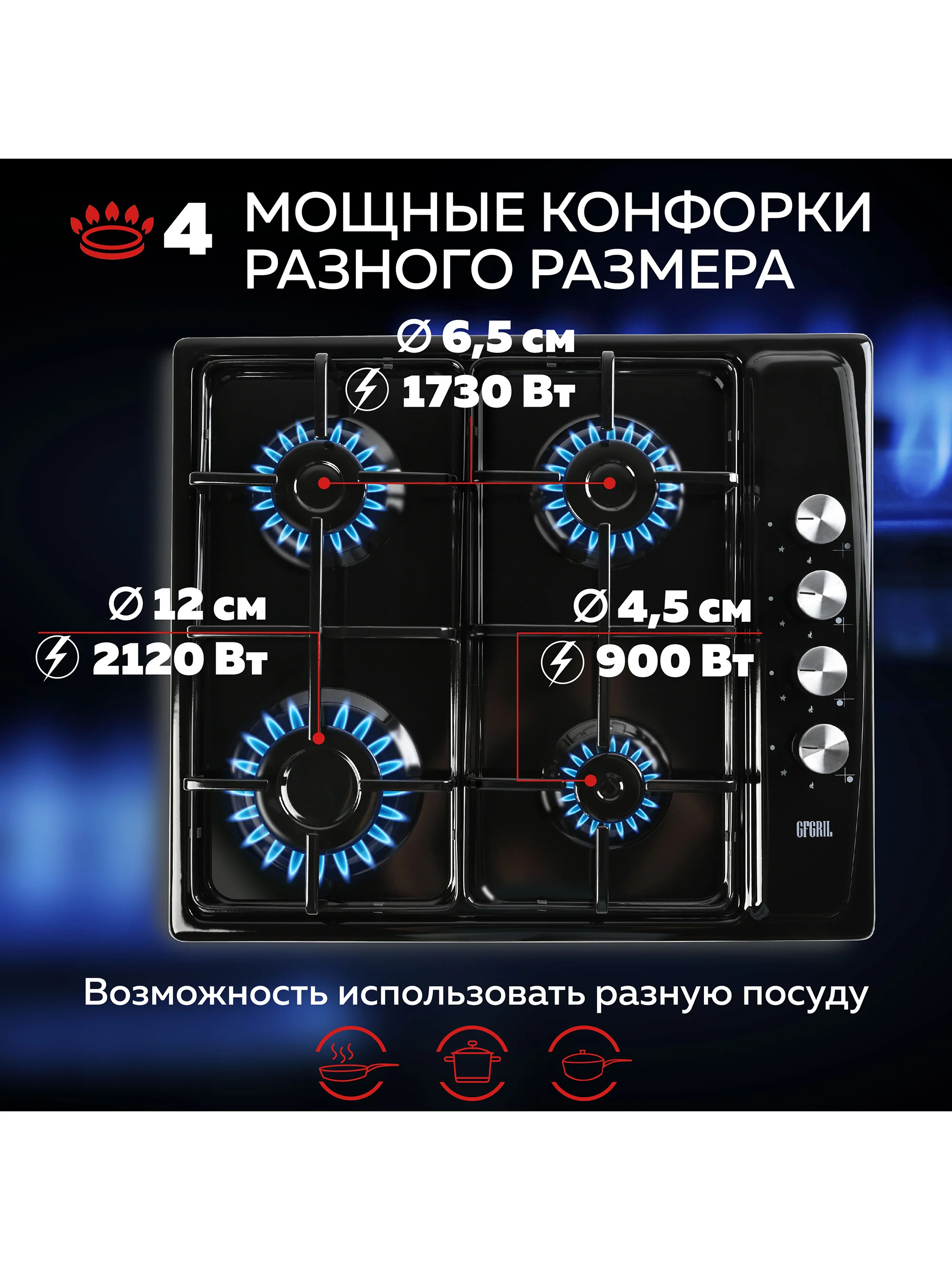 Варочная панель газовая встраиваемая GFGRIL GF-HBG104B с автоподжигом