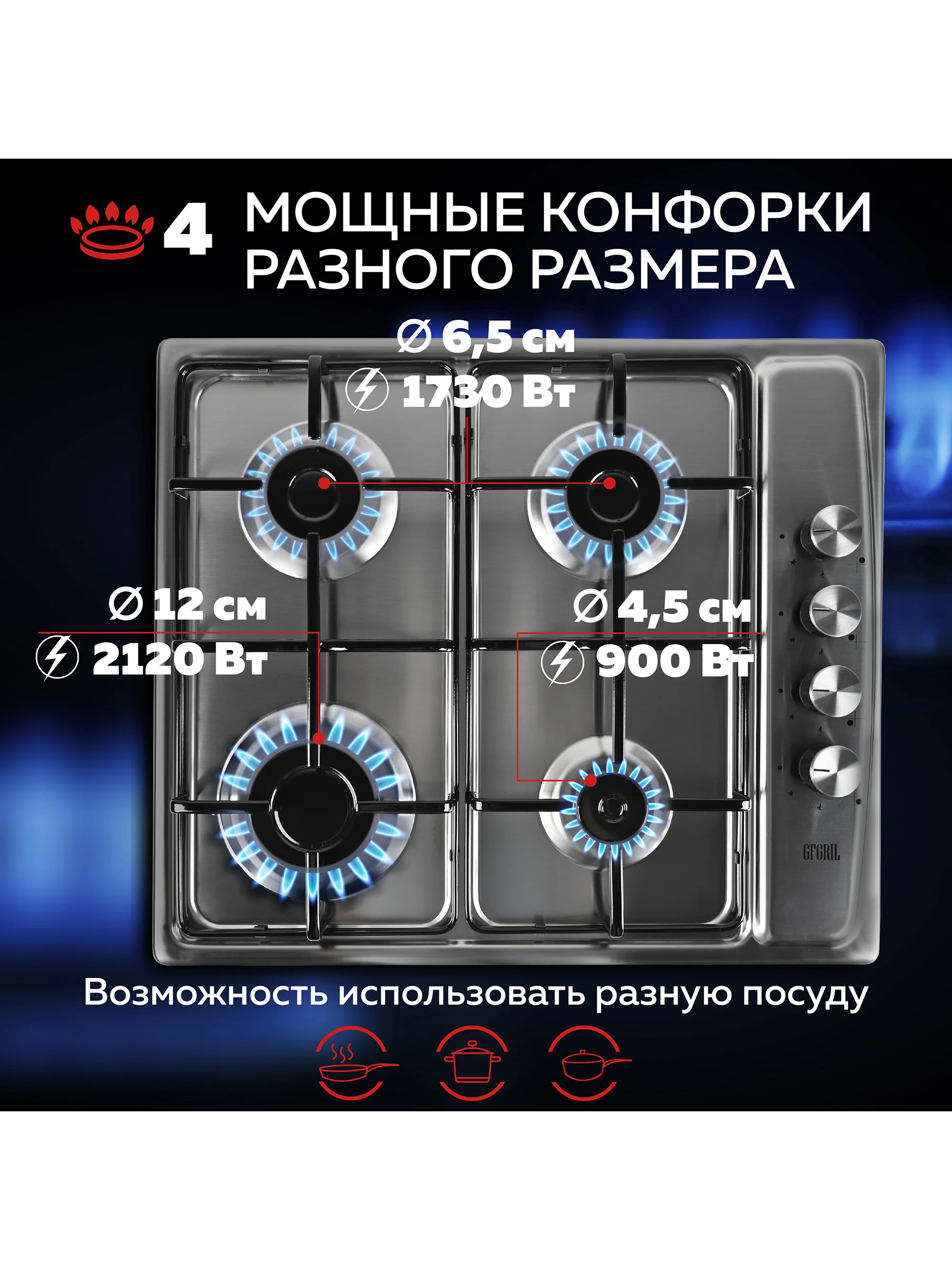 Варочная панель газовая встраиваемая GFGRIL GF-HBG104IN с автоподжигом