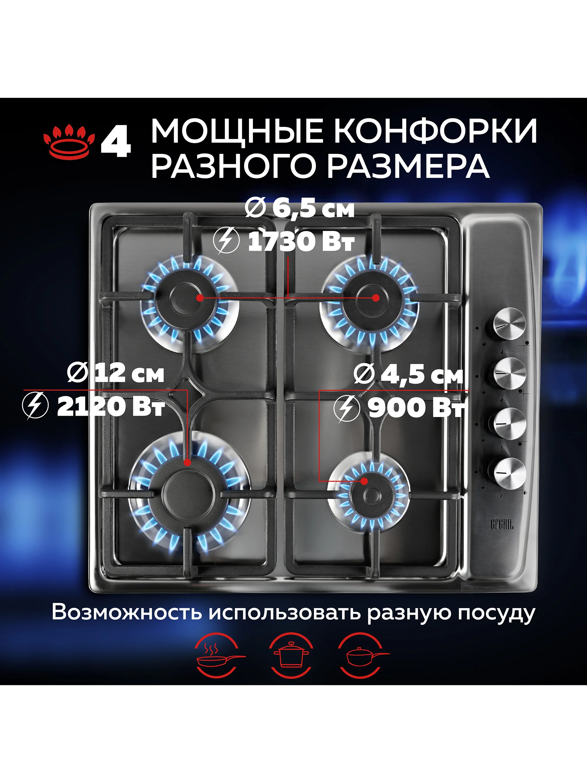 Варочная панель газовая встраиваемая GFGRIL GF-HBG114IN с автоподжигом