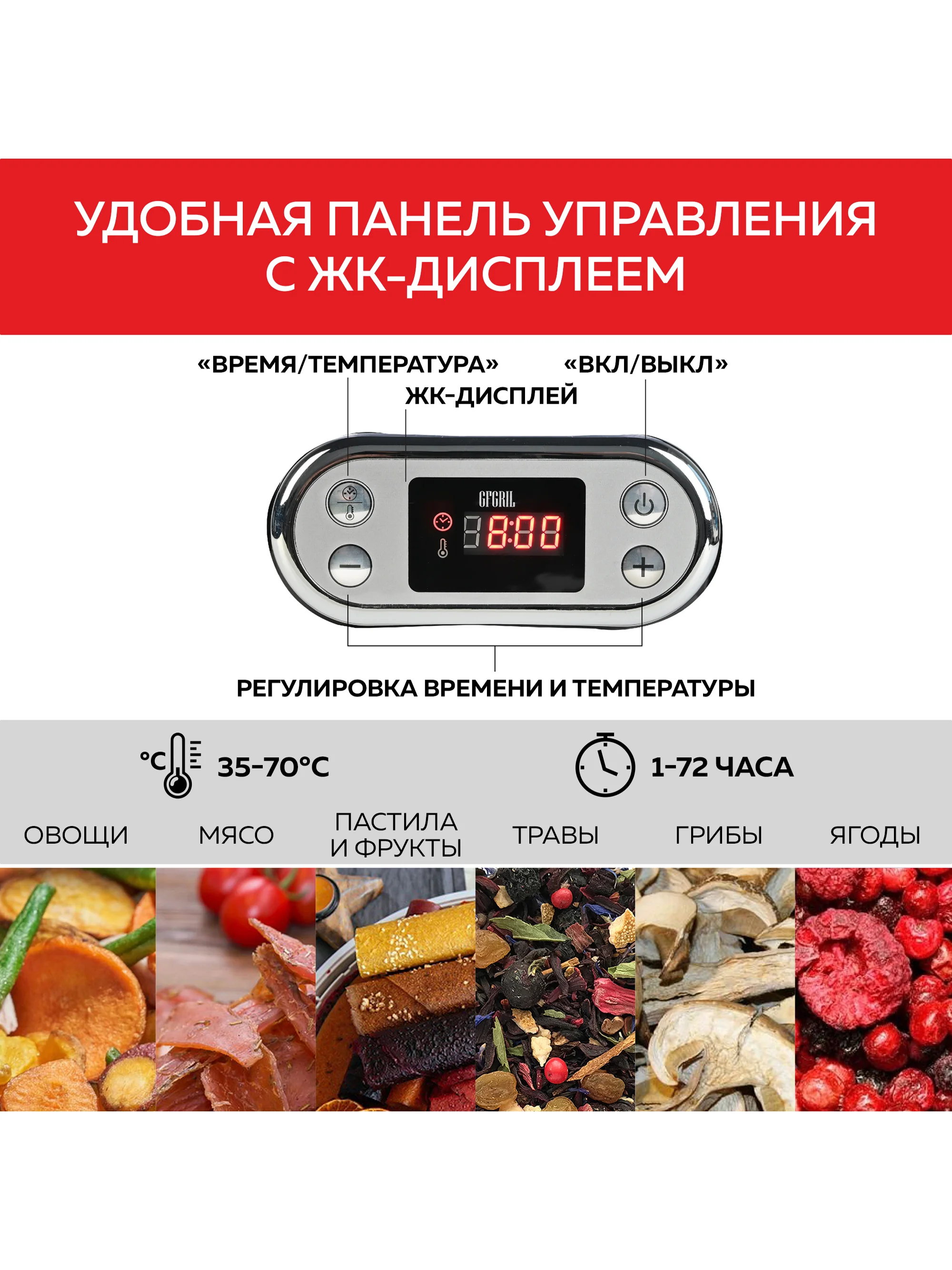 Сушилка для овощей и фруктов GFGRIL GFD-002, 5 уровней, поддон для пастилы