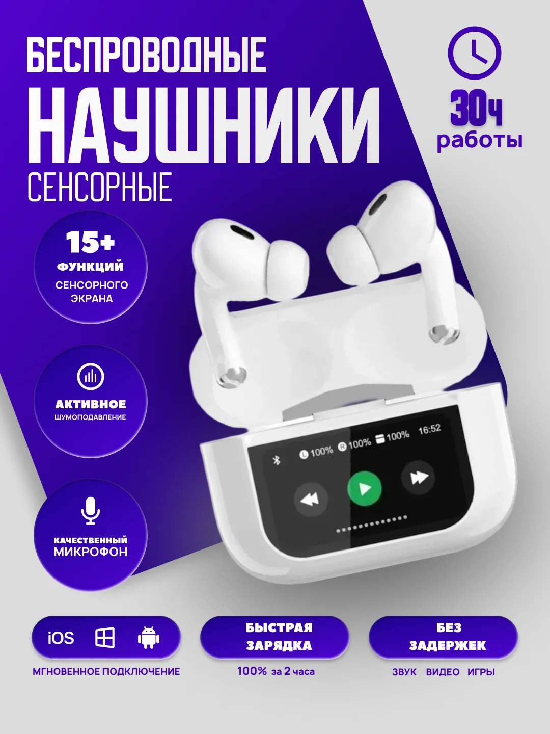 Белый беспроводные наушники с сенсорным экраном