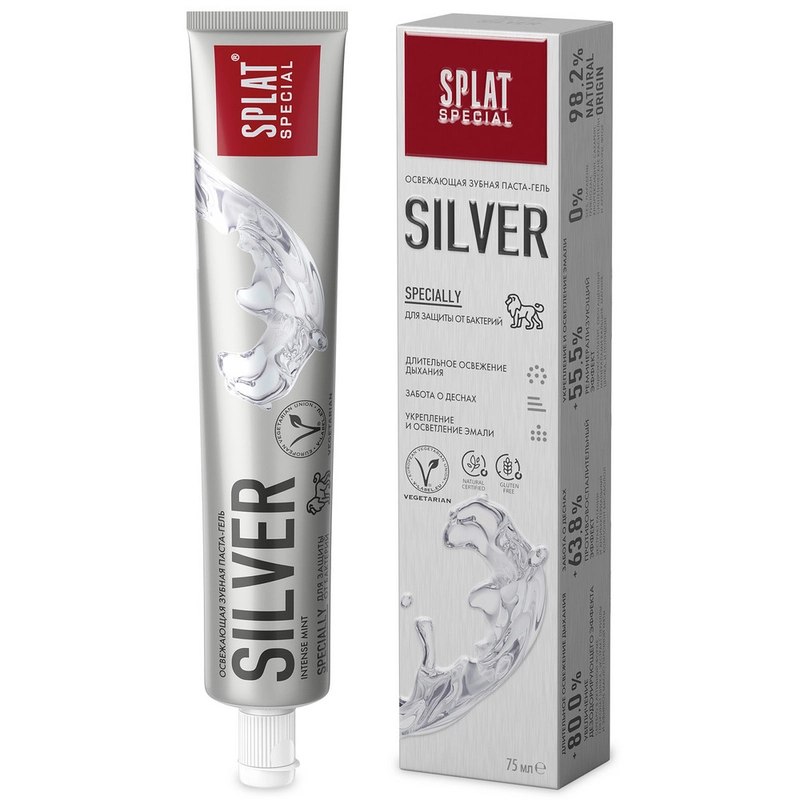 Антибактериальная зубная паста SPLAT Special SILVER для бережного отбеливания зубов, 75 мл
