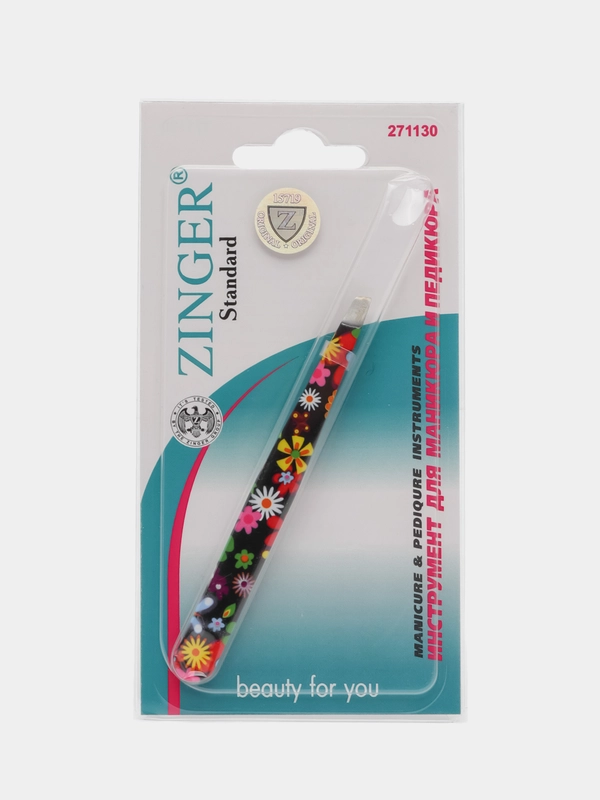 Пинцет для бровей скошенный Zinger 86022, с цветами