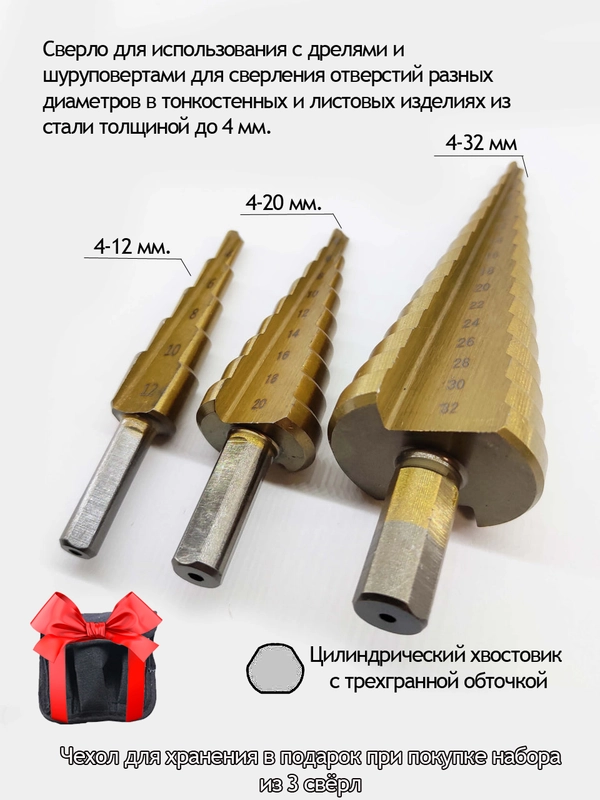 Сверло ступенчатое по металлу 4-12 / 4-20 / 4-32 HSS4241, елочка