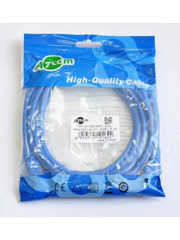 Патч-корд ATCOM (АТ9162) патч-корд литой, UTP, RJ45, Cat.5e - 3 м синий (10)